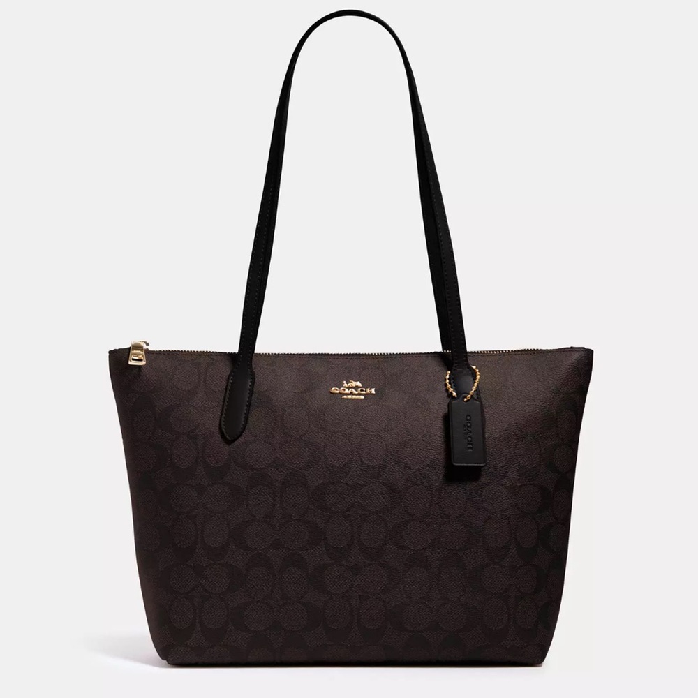 Coach Zip Top Tote In Signature Canvas Bag Gold/ Brown Black
